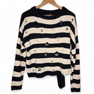 Aqua Distressed Stripe Sweater Women's‎ Soft Oversized Grunge Nautical Cobain XS
